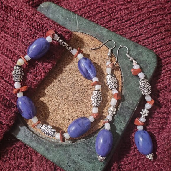 Blue Beaded Bracelet & Matching Dangle Earrings Set – Silver & Coral Accents - Picture 3 of 5